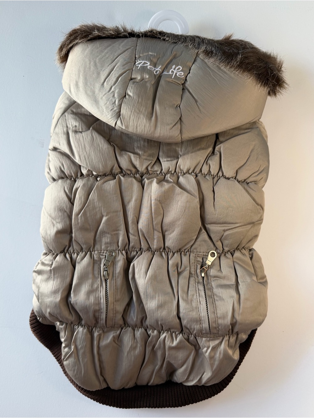 NWT Dog Pet Life Metallic Grayish Puffer Jacket Coat Faux-Fur Trim Hood Large